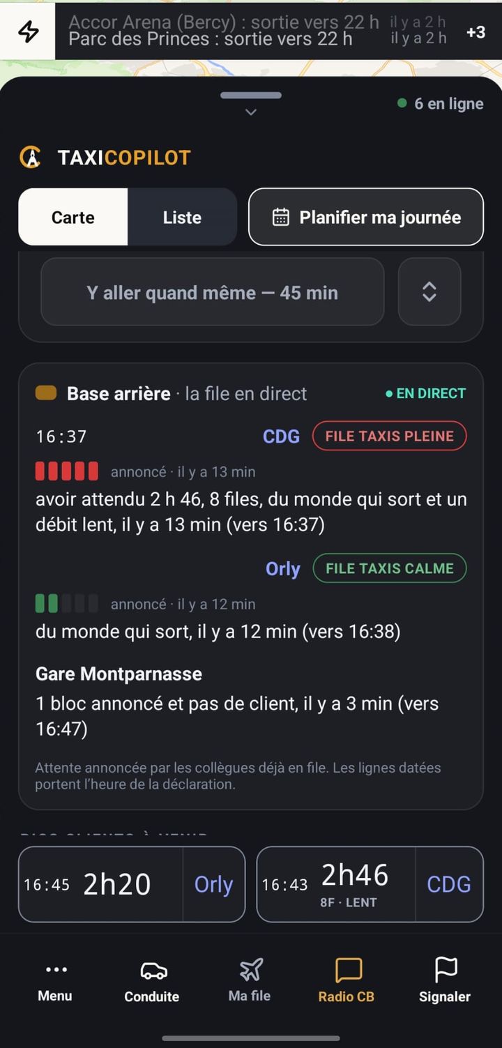 Écran Base arrière de TaxiCopilot : la file des taxis à CDG et à Orly, avec le dernier message des collègues pour chaque base